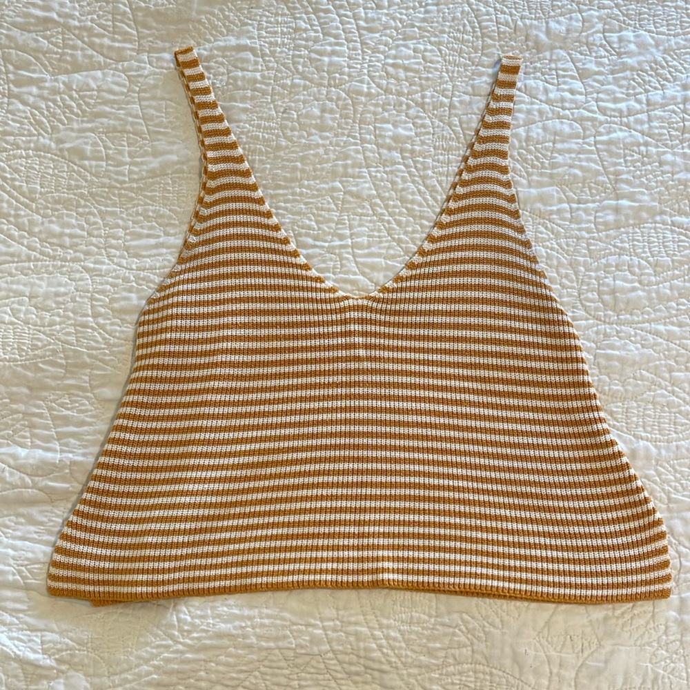 EUC Forever 21 Yellow and White Striped Cropped Knit Tank Top